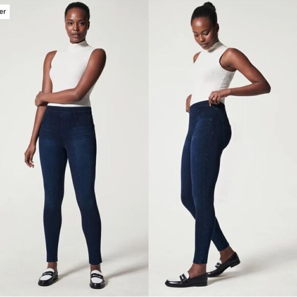 SPANX Jeanish Ankle Leggings Pull On Skinny Jeans Denim Dark Wash Medium Petite - Picture 1 of 9
